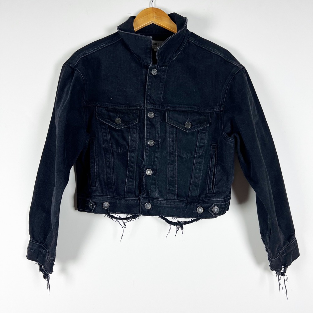 Agolde Shrunken Charli Organic Cotton Distressed Denim Jean Jacket Jagged Black